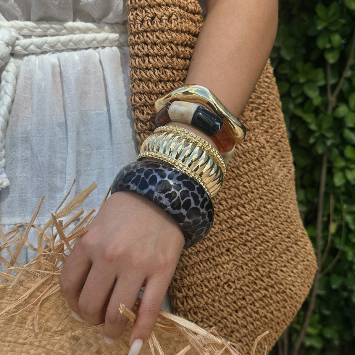 Leopard Print Geometric Alloy Plated Cuff Bracelet