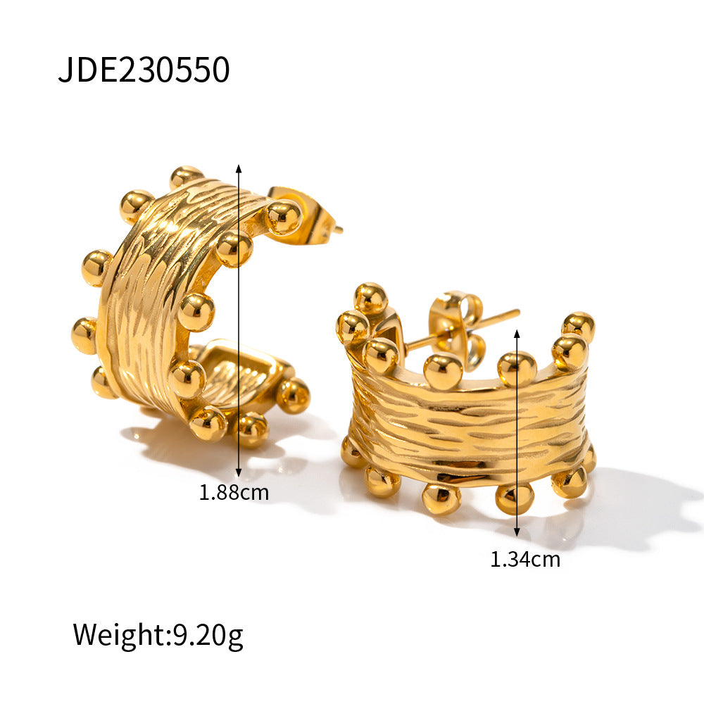 Orecchini a cerchio da donna, alla moda, placcati in oro 18 carati, in acciaio inossidabile, con grana del legno, a forma di C, geometrici e increspati