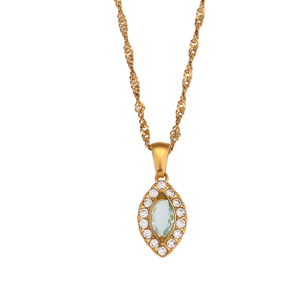 Minimalist Geometric Stainless Steel Leaf Pendant Necklace with Zircon Accents for Women