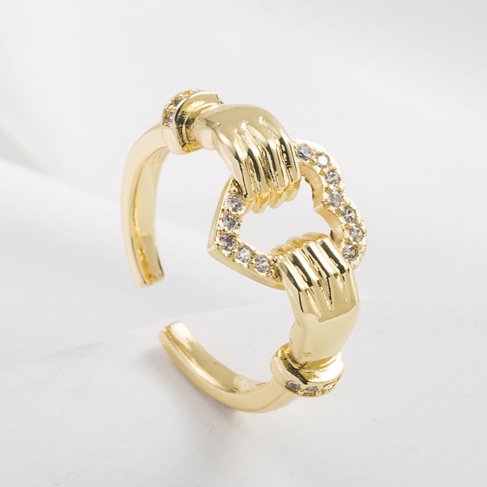 Anello Cuore Aperto Geometrico da Donna in Rame con Placcatura Oro 18K e Intarsi in Zirconi, Stile Vintage Minimalista