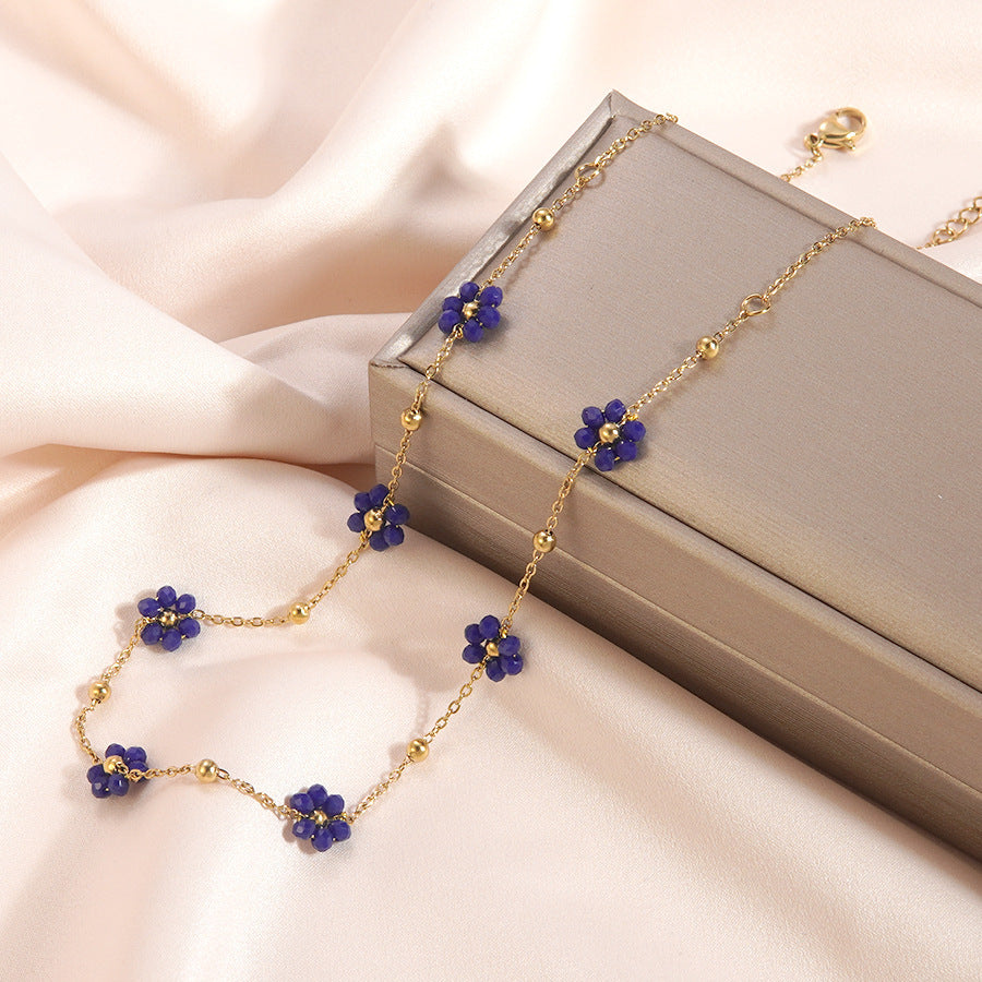 Elegant Gold Plated Stainless Steel Floral Beaded Necklace for Women