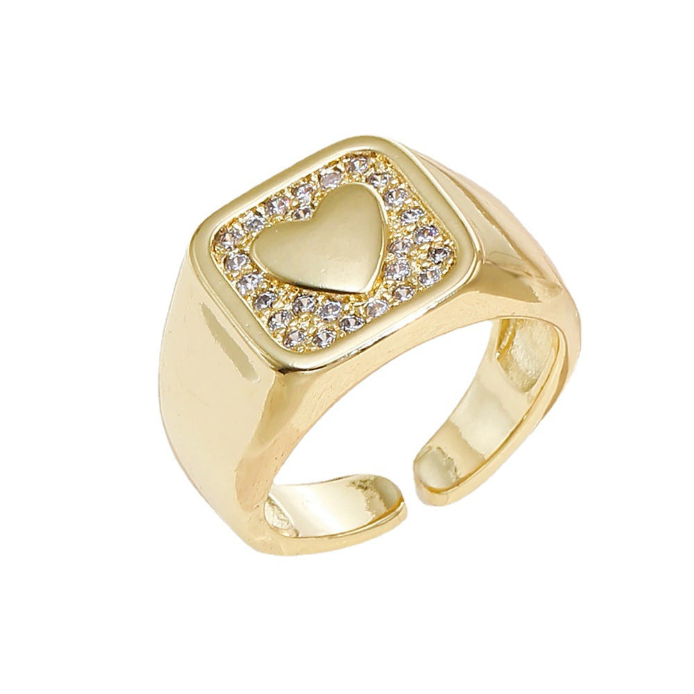 Anello Cuore Aperto Geometrico da Donna in Rame con Placcatura Oro 18K e Intarsi in Zirconi, Stile Vintage Minimalista
