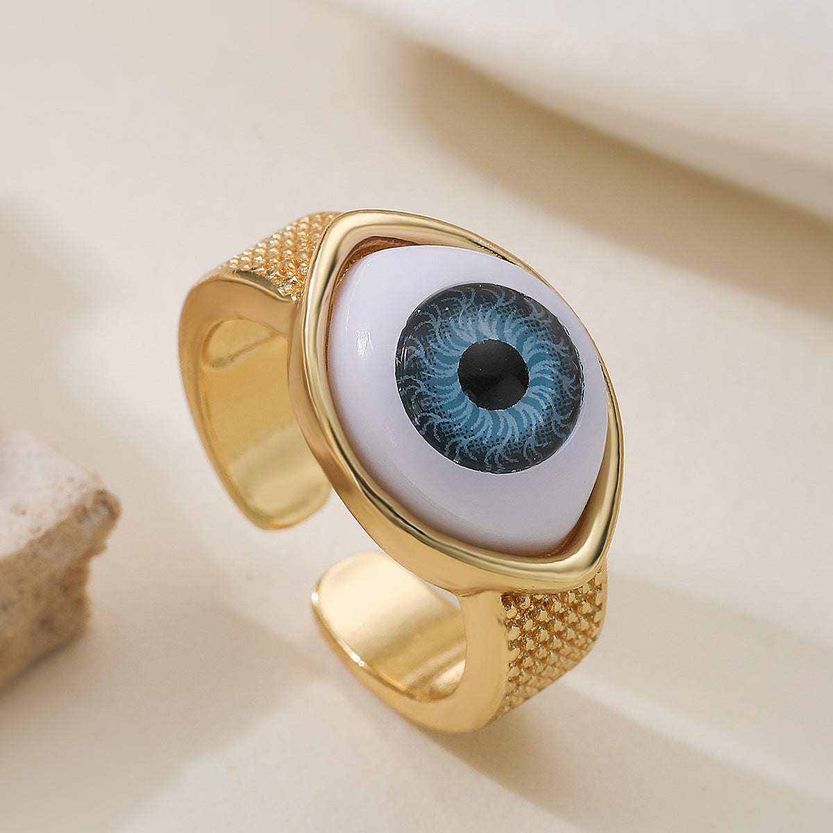 18K Gold Plated Brass Geometric Evil Eye Open Ring for Women