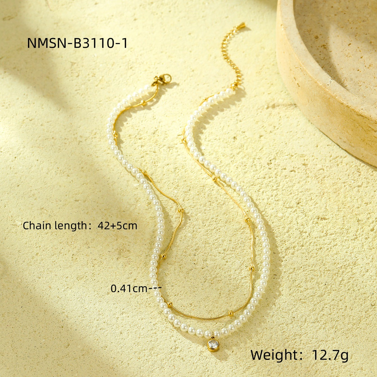 Collar de doble cadena de acero inoxidable chapado en oro de 18 quilates con perla y circonita para mujer