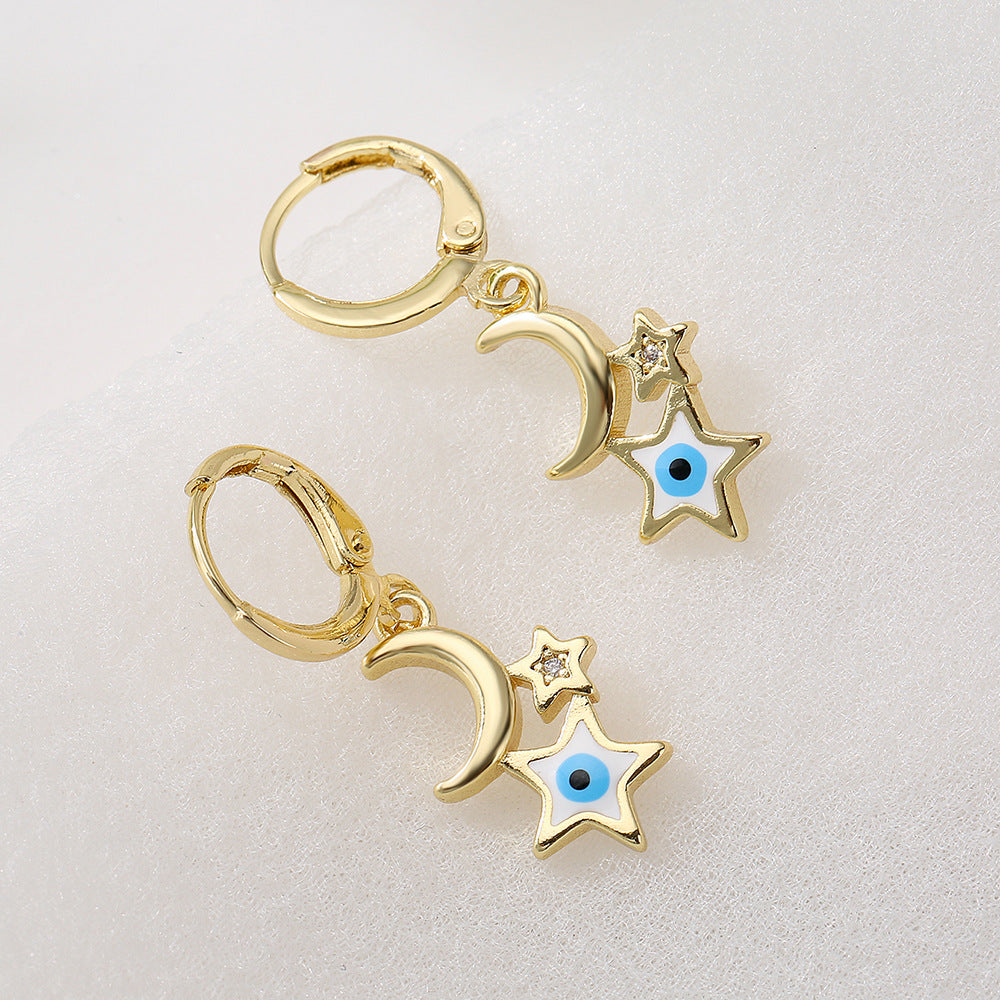 Minimalist Star and Moon Shaped Copper Earrings with Gold Plating for Women