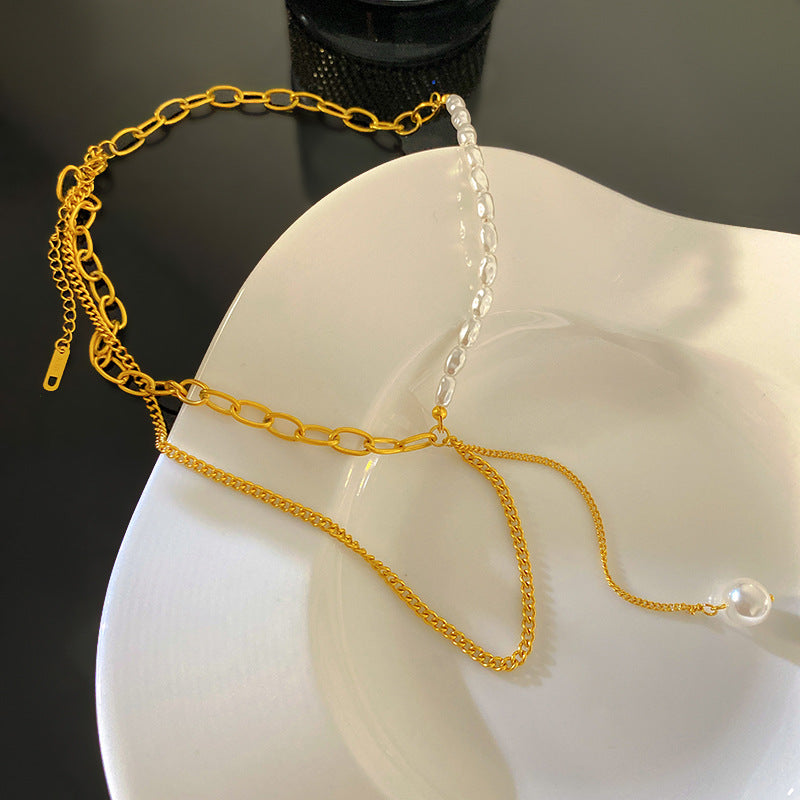 Sweet Oval Round Titanium Steel Plated Long Tassel Necklace with Bar Clasp