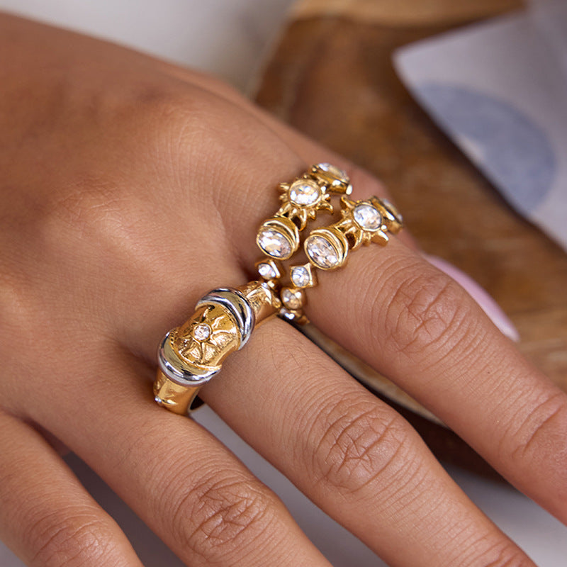 Anillo de Acero de Titanio Geométrico con Incrustaciones de Circonita, Enchapado para Mujer, Joyería Minimalista de Lujo y Moda