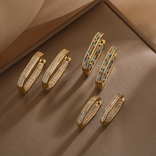 Pendientes geométricos minimalistas de cobre con baño de oro y detalles de circonita para mujer