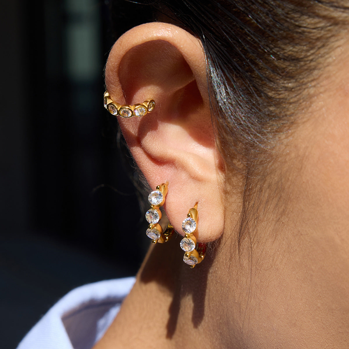 Elegant Geometric Stainless Steel Gold Plated Hoop Earrings with Cubic Zirconia for Women