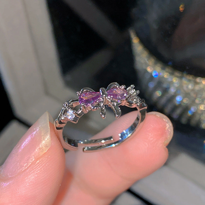 Sweet Elegant Heart Butterfly Brass Ring with Cubic Zirconia Handmade Adjustable