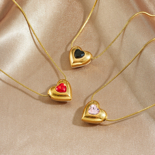 Vintage Minimalist Gold Plated Stainless Steel Heart Rhinestone Pendant Necklace with Snake Chain for Women