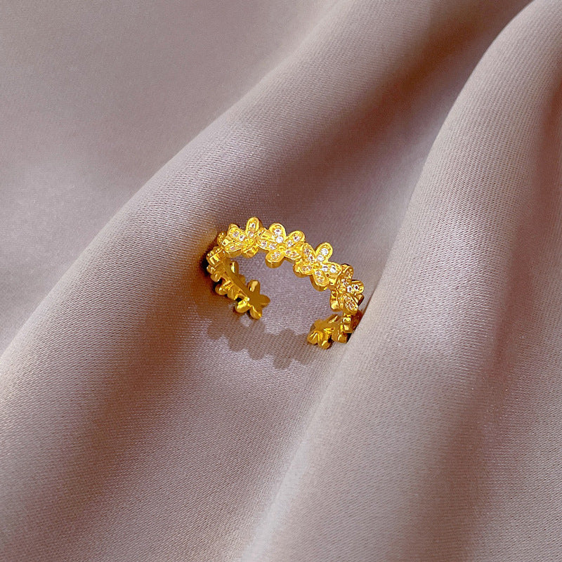 Minimalist Adjustable Open Ring for Women with Crown Shape in Brass with Zircon Inlay