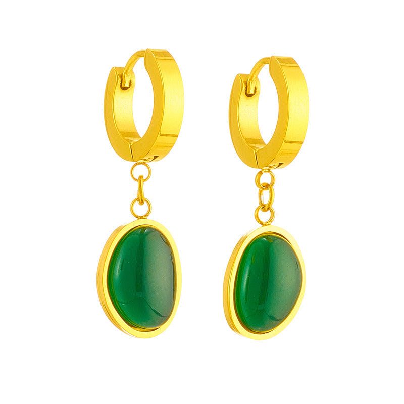 Pendientes minimalistas de titanio con forma ovalada y incrustaciones de piedra verde para mujer
