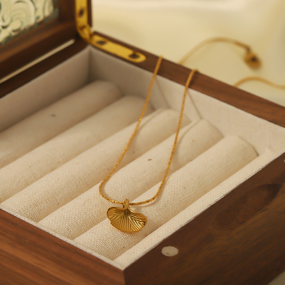 Minimalist Ginkgo Leaf Pendant Necklace in Stainless Steel with 18K Gold Plating on O-Chain for Women