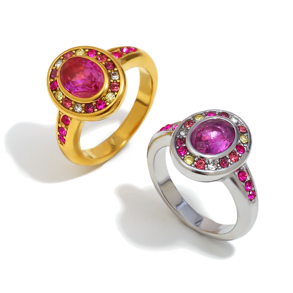 Minimalist Geometric Stainless Steel Ring with 18K Gold Plating and Colorful Zircon Inlay for Women