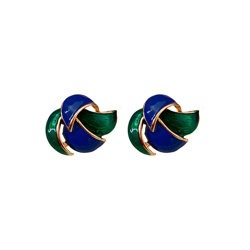 Chic Geometric Enamel Blue Green Contrast Stud Earrings for Women with Stainless Steel Posts