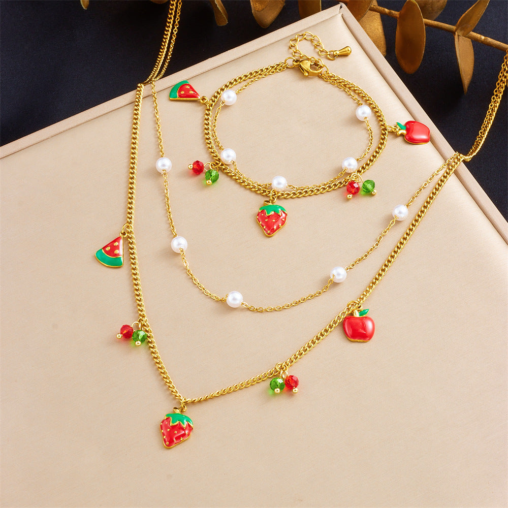 Minimalist Sweet Drip Oil Stainless Steel Fruit Pendant Necklace and Bracelet Set for Women