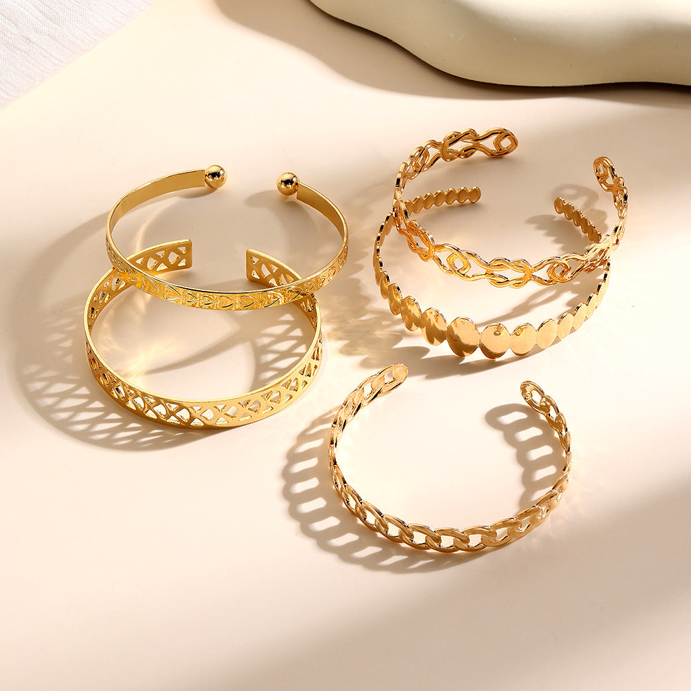 Personalized Geometric Heart Wheat Chain Open Cuff Bracelet Set Alloy Plated Women