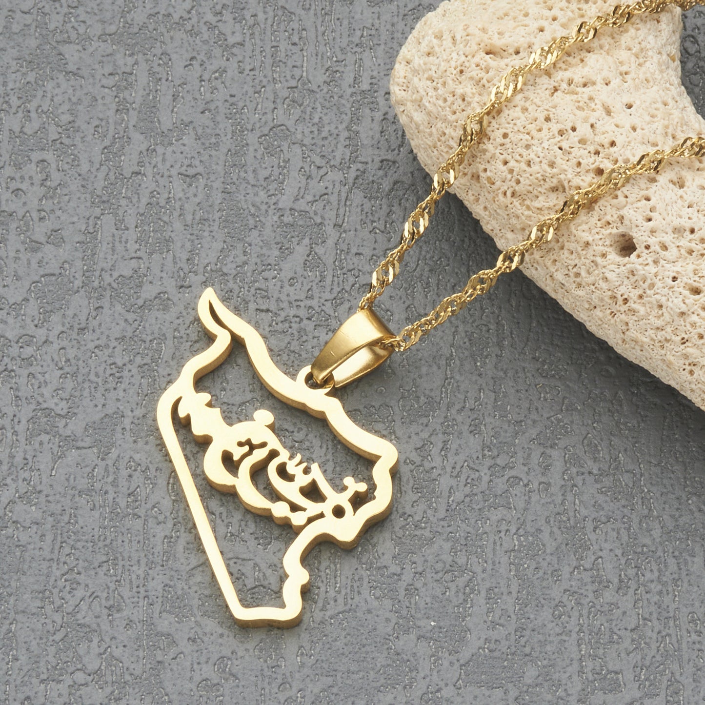 Minimalist Geometric Stainless Steel Syria Map Pendant Necklace with Plated Finish for Women
