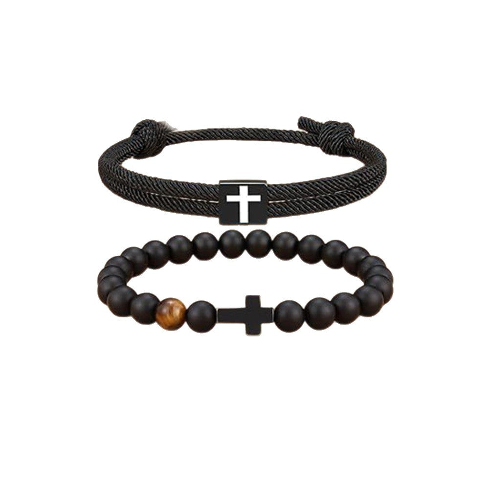 Luxury Matte Tiger's Eye Cross Pendant Beaded Bracelet Unisex Geometric Round Charm