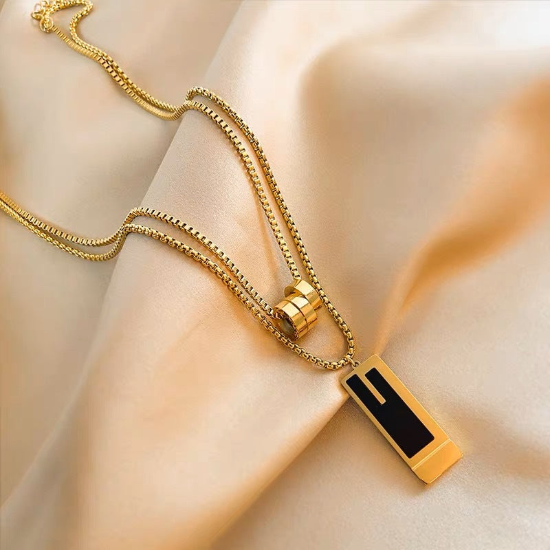 Minimalist Geometric Titanium Steel Double-Layer Pendant Necklace for Women and Men with Polished Finish and Chic Long Sweater Chain Design