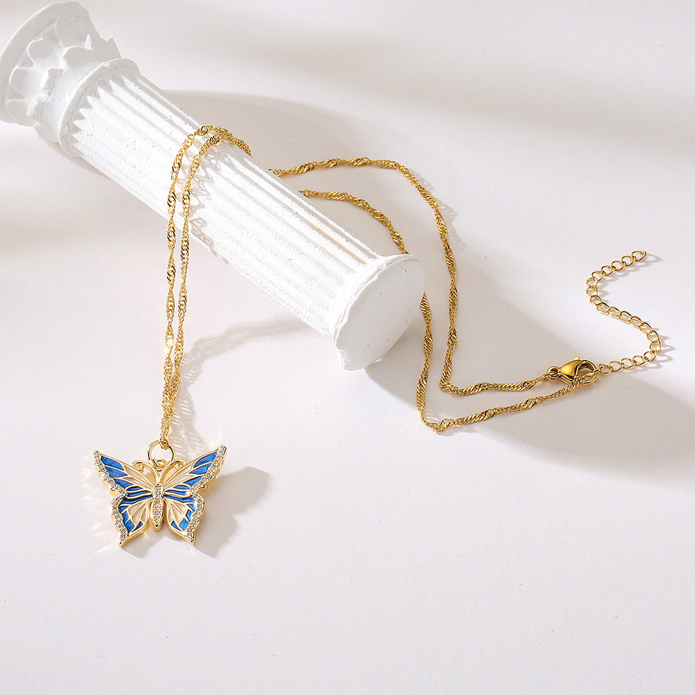 Minimalist Butterfly Pendant Necklace for Women in Copper with 18K Gold Plating and Enamel Finish Featuring Cubic Zirconia Accents