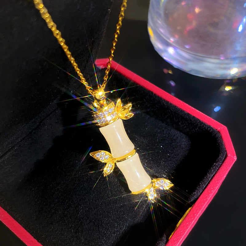 Sweet Bamboo Joint Pattern Titanium Steel Plated Necklace with Brass Pendant Cable Chain Unisex