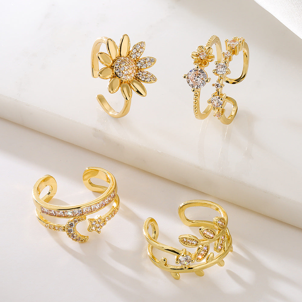 Anello Aperto Geometrico da Donna in Rame con Placcatura Oro 18K e Intarsio di Zirconi, Gioiello da Mano Irregolare e di Tendenza