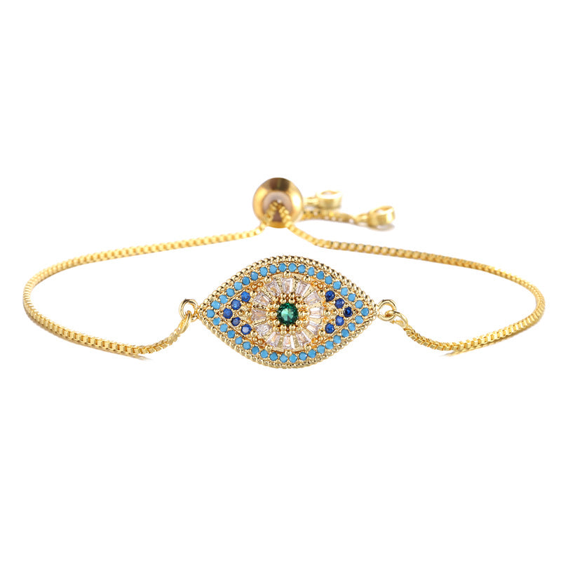 Minimalist Geometric Eye Brass Box Chain Bracelet with Micro-Inlaid Colorful Cubic Zirconia Adjustable Drawstring