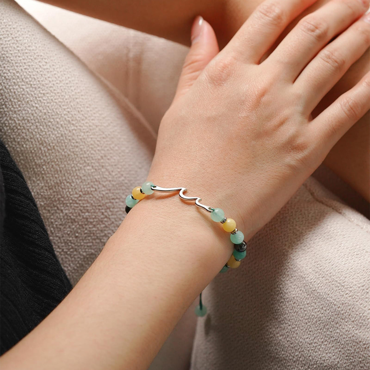 Handmade Woven Stainless Steel Beaded Bracelet with Wave Pattern