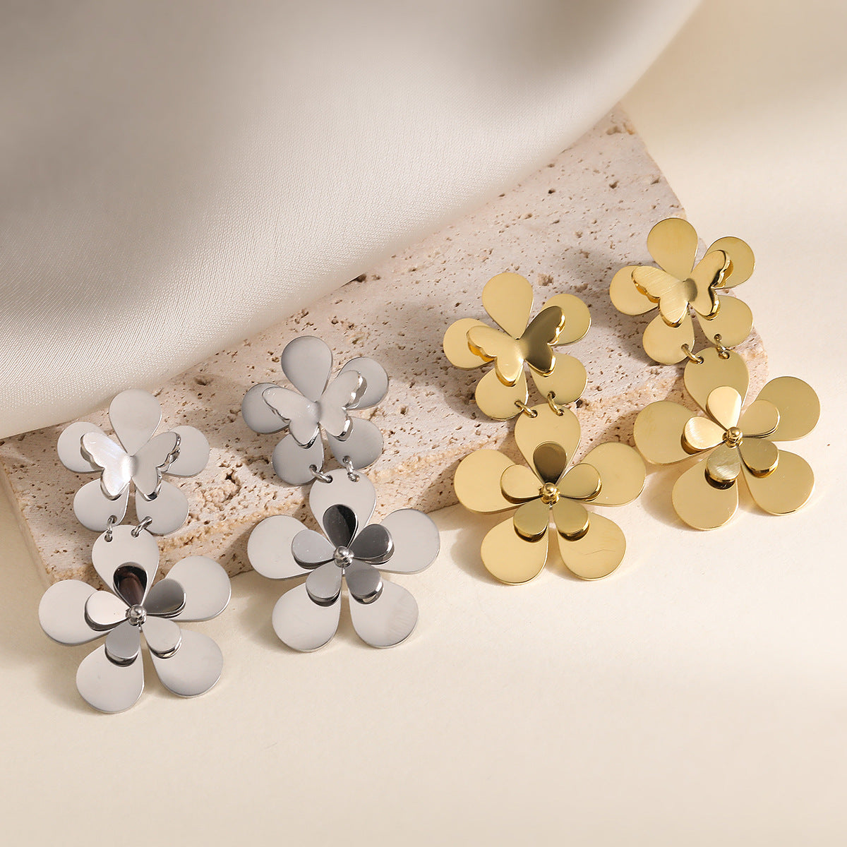 Minimalist 18K Gold Plated Stainless Steel Geometric Flower Drop Earrings for Women