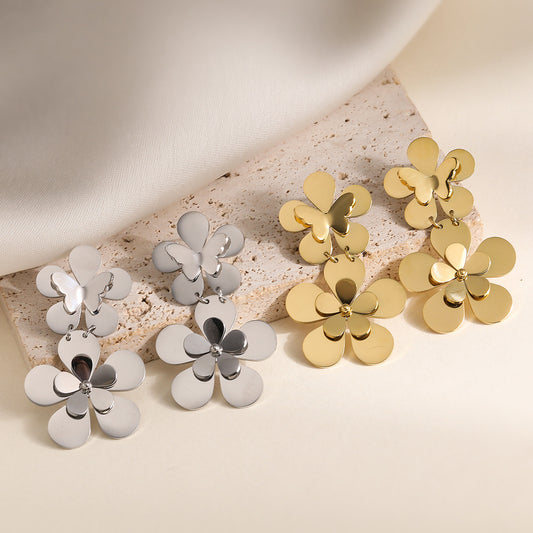 Minimalist 18K Gold Plated Stainless Steel Geometric Flower Drop Earrings for Women