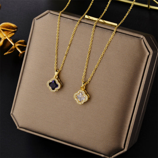 Minimalist Four-Leaf Clover Pendant Necklace in Titanium Steel with Plated Finish