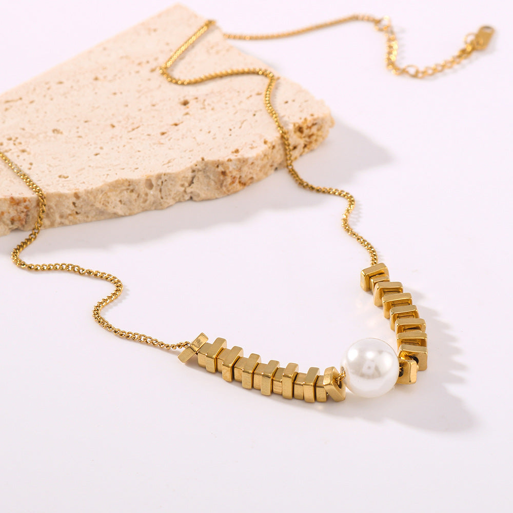 Ins Style Geometric Gold Block Pearl Pendant 18K Gold Plated Titanium Steel O-Chain Necklace for Women