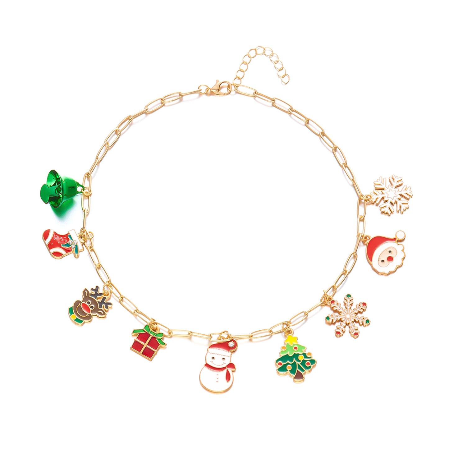 Collana con ciondolo in lega a tema natalizio e set bracciale con motivi a fiocco di neve e Babbo Natale, finitura smaltata, gioielli casual da donna