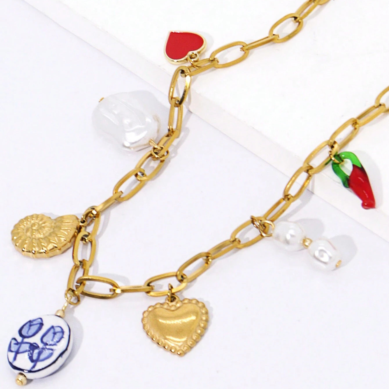 Plated Stainless Steel Heart Geometric Floral Pendant Corn Chain Necklace for Unisex DIY Charm Bar