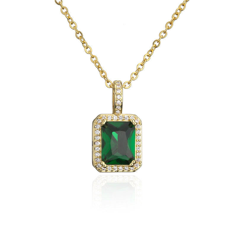 Minimalist Geometric Square Cubic Zirconia Inlay Brass Necklace with Cable Chain for Women