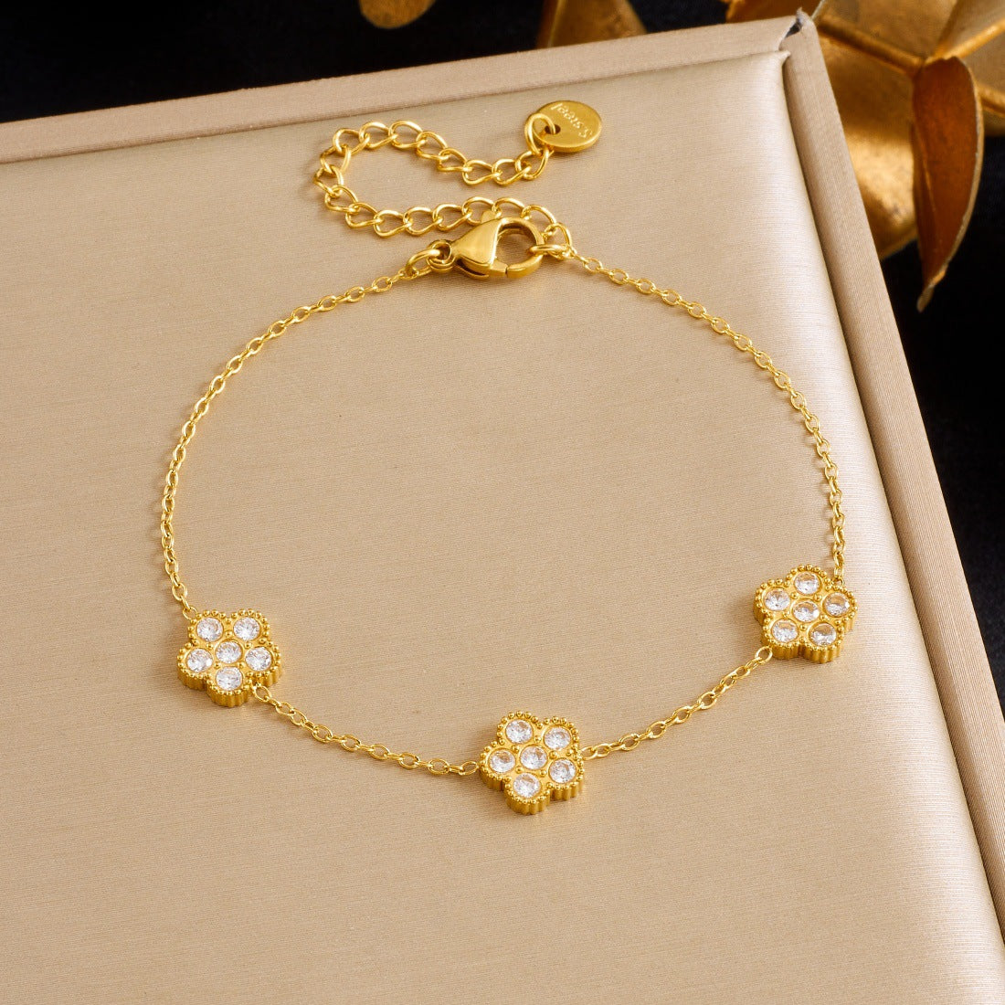 Gold Plated Stainless Steel Floral Cubic Zirconia Bracelet for Women
