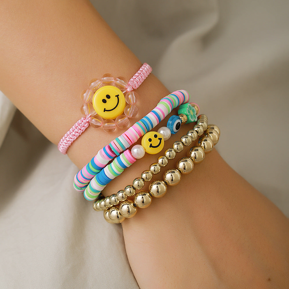 Bohemian Geometric Heart Smile Resin Bracelet with Pearl Beads for Women