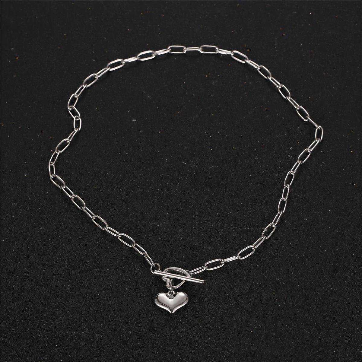 Minimalist Three-Dimensional Heart Pendant Necklace in Titanium Steel with Plated Finish, Long Layered Sweater Chain with Bamboo Link Style