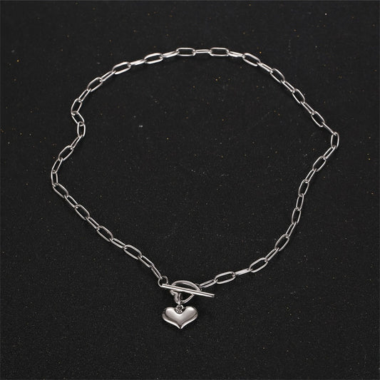 Minimalist Three-Dimensional Heart Pendant Necklace in Titanium Steel with Plated Finish, Long Layered Sweater Chain with Bamboo Link Style
