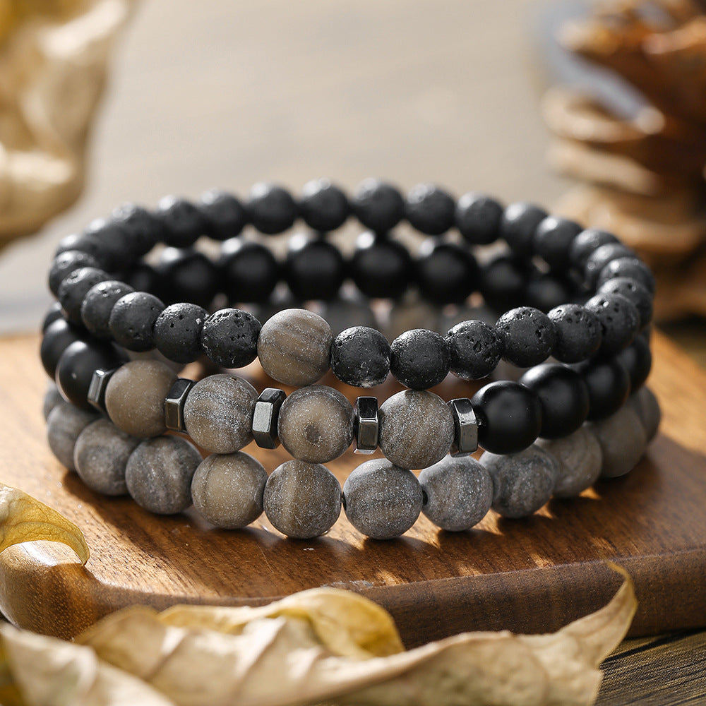 Bracciale elasticizzato con perline geometriche esagonali in ossidiana nera e occhio di tigre, da uomo e unisex, accessorio casual da lavoro e alla moda