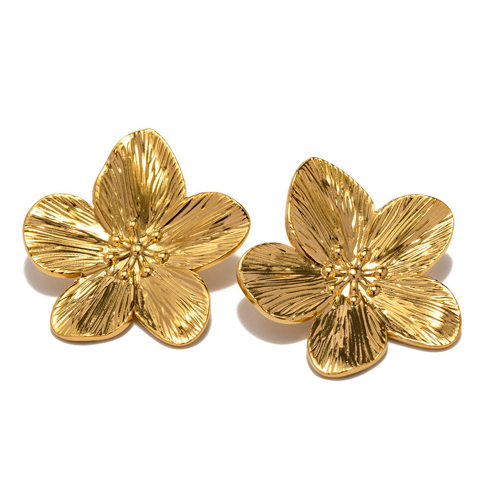 Vintage French Palace Style Matte Gold Stainless Steel Floral Stud Earrings with Plated Finish