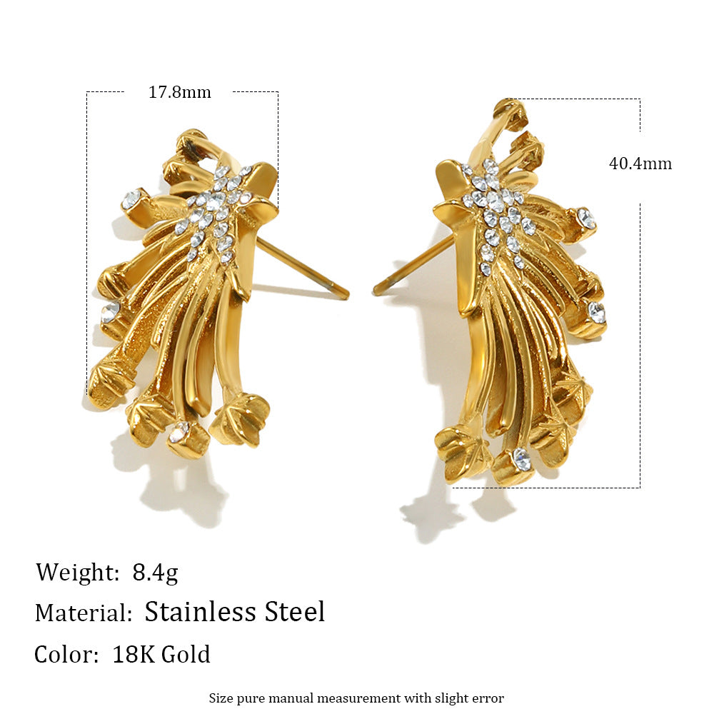 Minimalist Geometric Wing-Shaped Stainless Steel Earrings with 18K Gold Plating and Zircon Inlay for Women