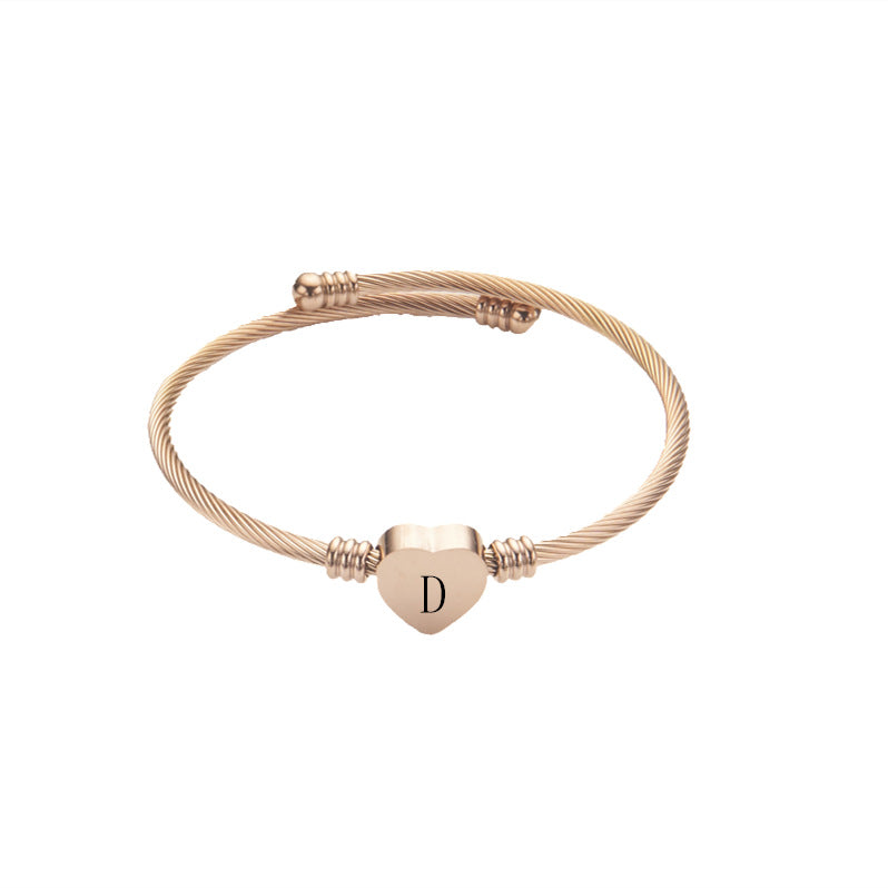 Pulsera ajustable abierta con alambre de acero inoxidable y letra o corazón con acabado pulido