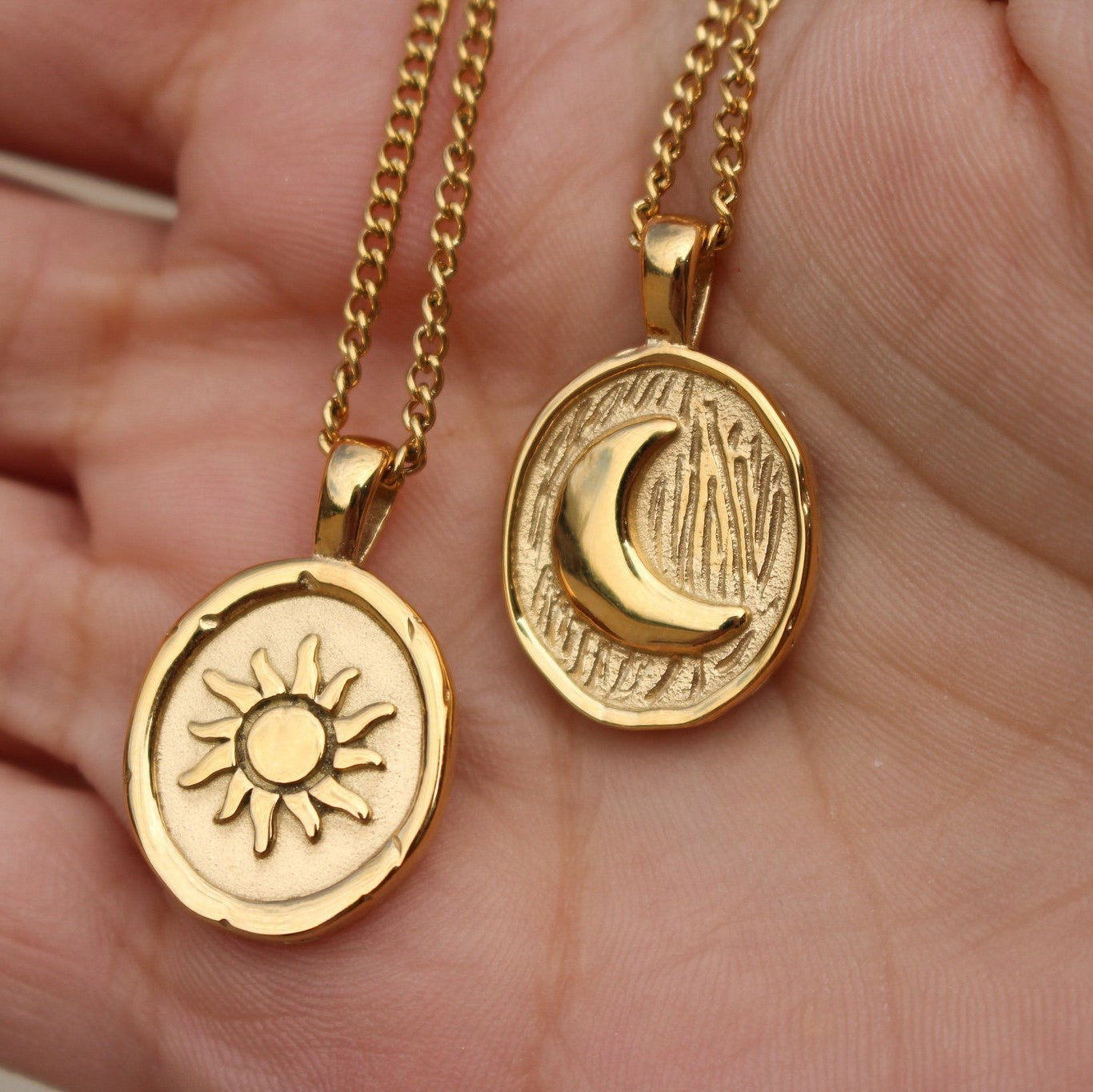 Geometric Sun and Moon Coin Pendant Necklace in Titanium Steel with 18K Gold Plating for Unisex Wear