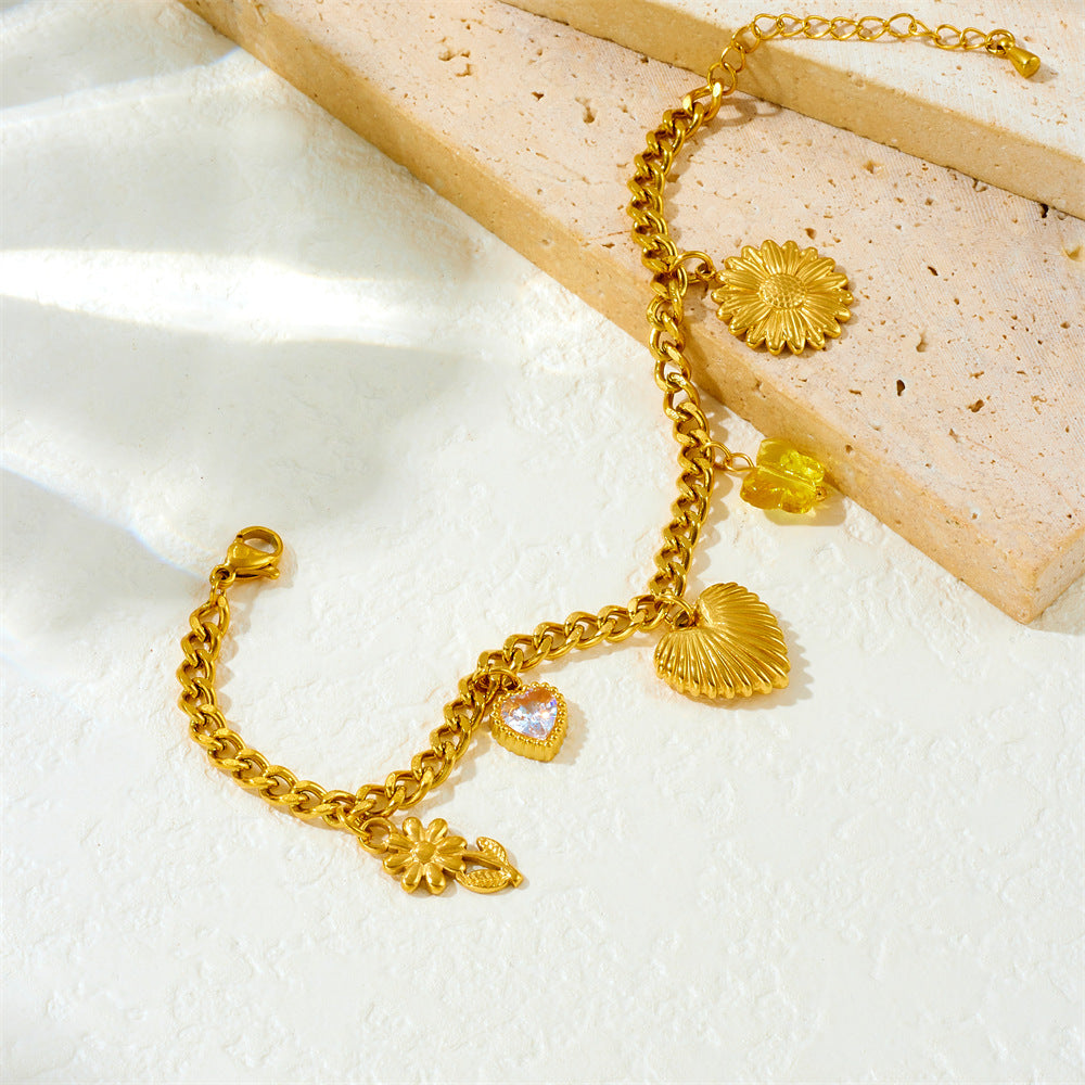 Elegant Gold Plated Stainless Steel Heart and Floral Charm Serpentine Chain Bracelet for Women