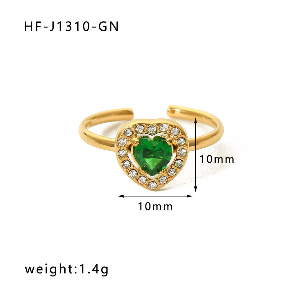 Vintage Stainless Steel Heart-Shaped Geometric Ring with Zircon Inlay and 18K Vacuum Plating for Women