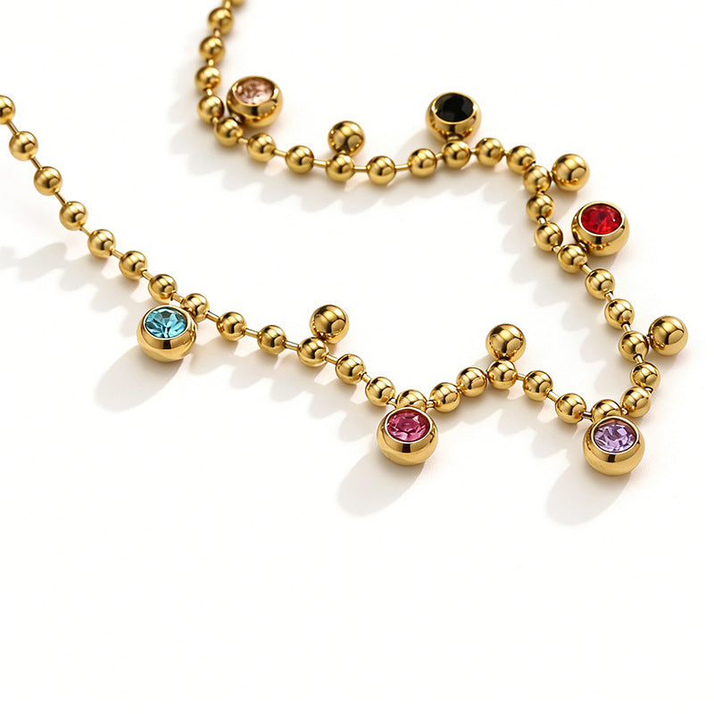 Vintage Geometric Round Stainless Steel Gold Plated Cubic Zirconia Necklace Ball Chain Unisex