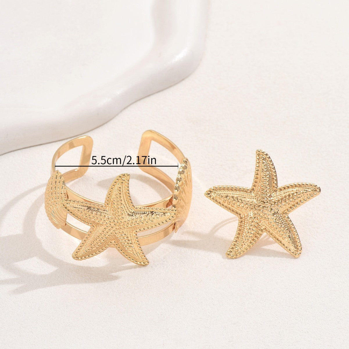 Conjunto de anillos de pulsera abierta de estrella de mar y conchas marinas de moda, inspirados en el océano, para mujer, de aleación con acabado chapado